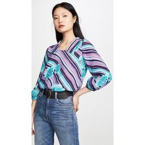 RIXO LONDON Jessie Hawaii Stripe Blouse In Hawaii Stripe Lilac Mint Size L NWT